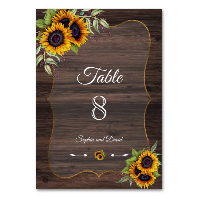 Romantic Sunflowers Wood Wedding TABLE NUMBER (Front)