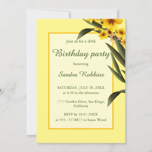 Romantic sunny yellow flower birthday invitation