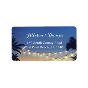 Romantic Sunset Beach Palm Tree String Lights Label