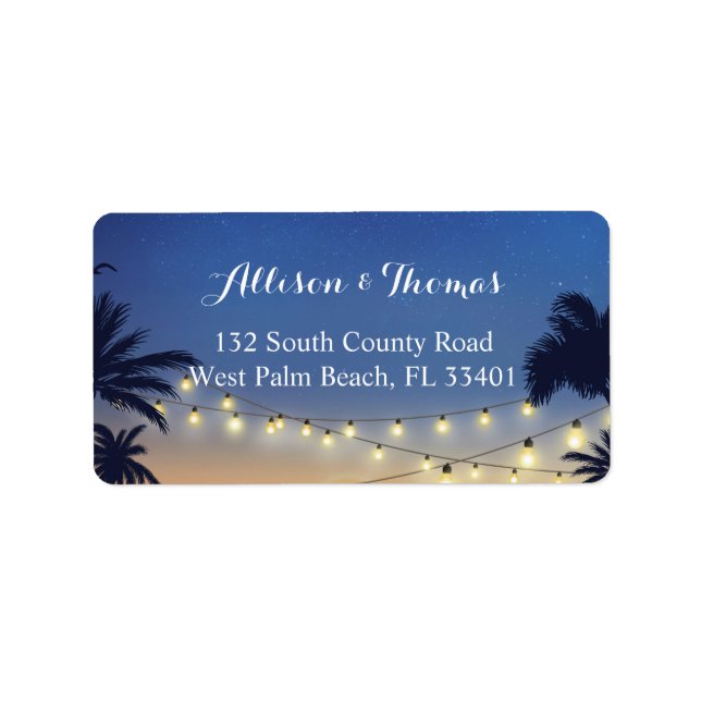 Romantic Sunset Beach Palm Tree String Lights Label (Front)
