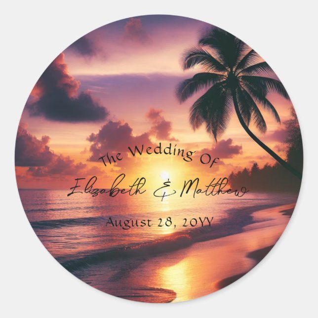 Romantic Sunset Beach Wedding Classic Round Sticker (Front)