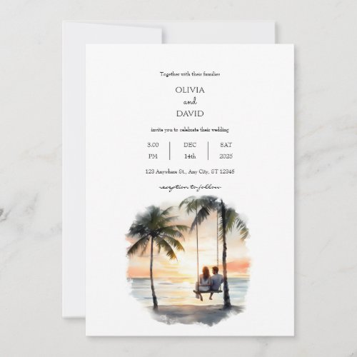 Romantic Sunset Beachside Swing Palm Trees Wedding Invitation