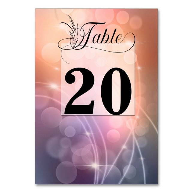 Romantic Sunset Color Modern Bokeh Wedding Table Number (Front)