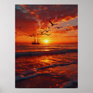 Romantic Sunset Escape – Sailboat & Birds over Twi Poster