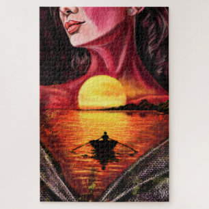 Romantic Sunset Girl Puzzle - Painting Art