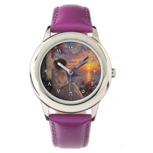 Romantic Sunset Girl Wall Clock with Arabic-Indic Watch