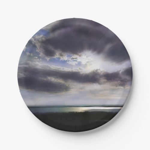 Romantic sunset over the lake paper plates