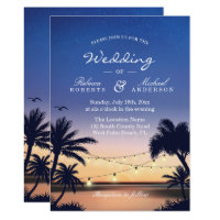 Romantic Sunset Palm Beach String Lights Wedding Card