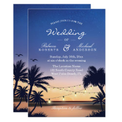 Romantic Sunset Palm Beach String Lights Wedding Card
