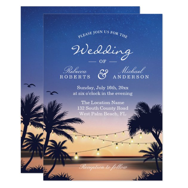 Romantic Sunset Palm Beach String Lights Wedding Invitation
