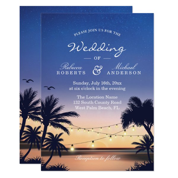 256092478288591723 Romantic Sunset Palm Beach String Lights Wedding Invitation