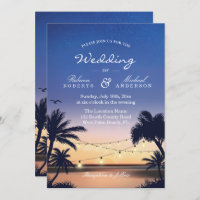 Romantic Sunset Palm Beach String Lights Wedding Invitation