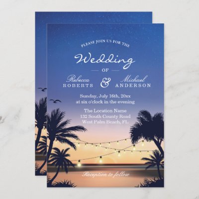 Romantic Sunset Palm Beach String Lights Wedding Invitation