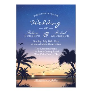 Romantic Sunset Palm Beach String Lights Wedding Invitation