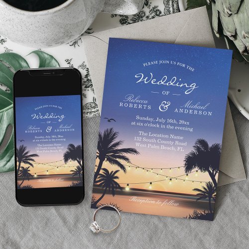 Romantic Sunset Palm Beach String Lights Wedding Invitation