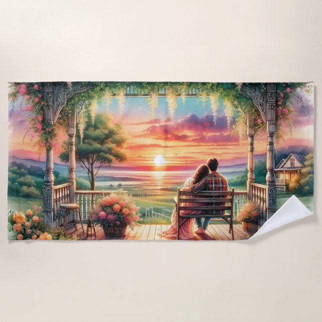 Romantic Sunset Porch View Illustration Beach Towel (Front)
