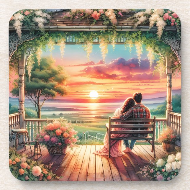 Romantic Sunset Porch View Illustration Beverage Coaster (Front)