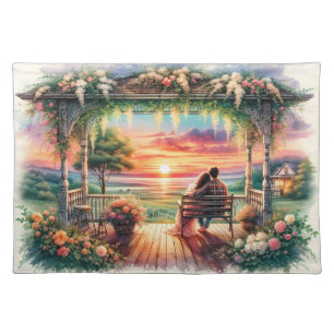 Romantic Sunset Porch View Illustration Cloth Placemat