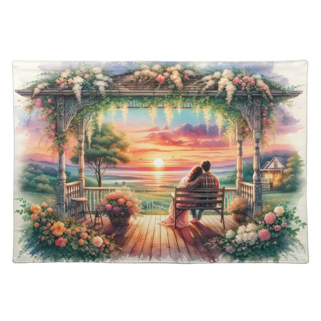 Romantic Sunset Porch View Illustration Cloth Placemat (Front)