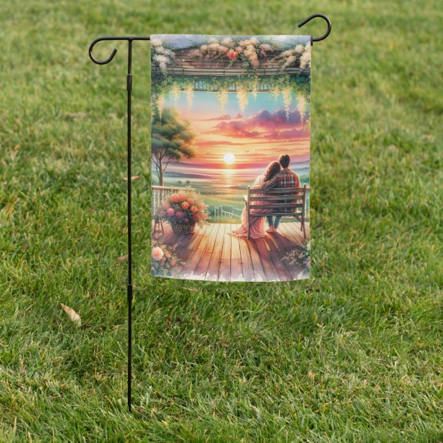 Romantic Sunset Porch View Illustration Garden Flag (In SItu)