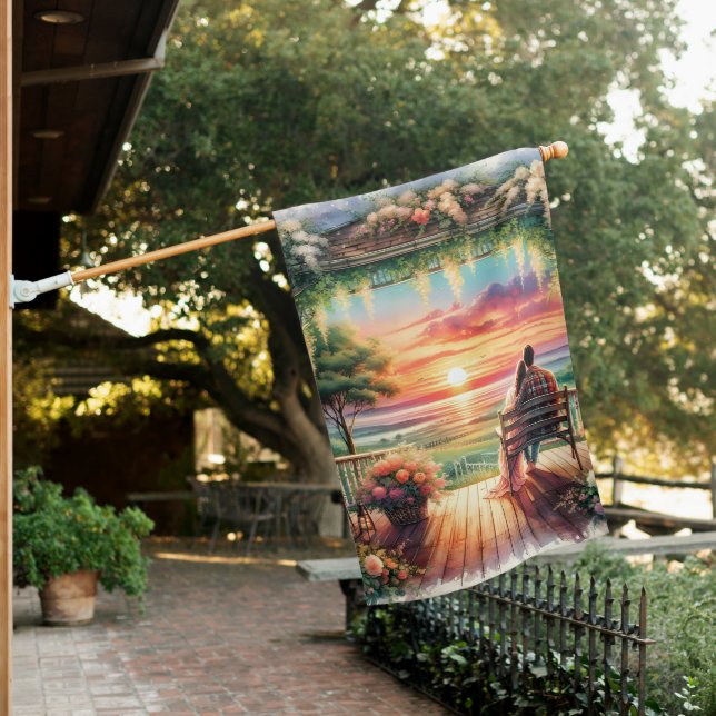 Romantic Sunset Porch View Illustration House Flag (In SItu)