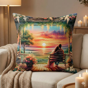 Romantic Sunset Porch View Illustration Throw Pillow