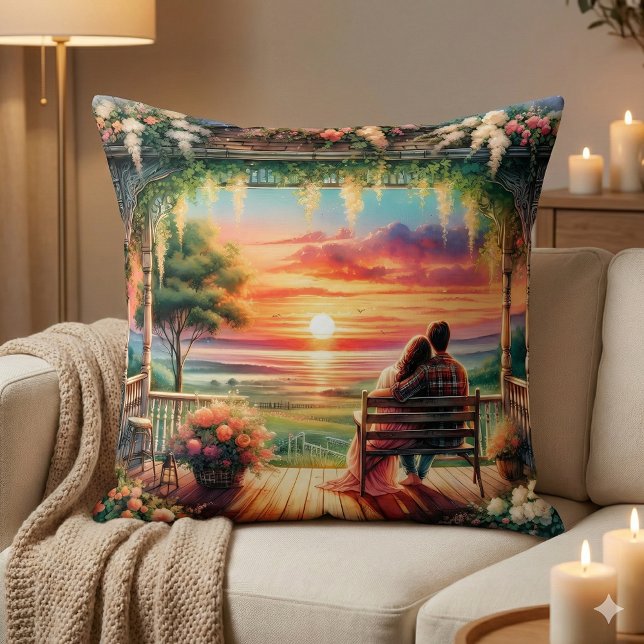 Romantic Sunset Porch View Illustration Throw Pillow (Romantic Sunset Porch View Illustration Throw Pillow Mockup A)