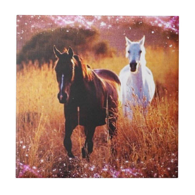 Romantic Sunset Western country Galloping Horses Ceramic Tile (Front)