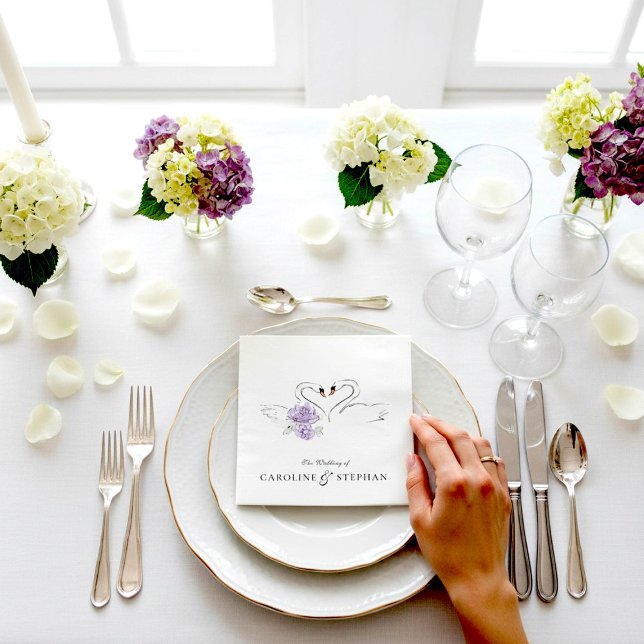 Romantic Swan Couple Floral Wedding Reception Napkins (Creator Uploaded)