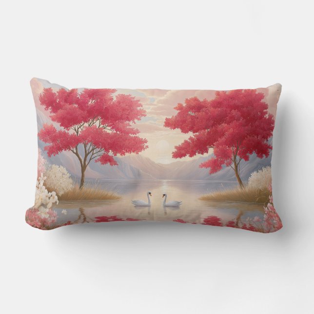 Romantic Swan Lake Pink Blossom Trees Elegant Lumbar Pillow (Front)