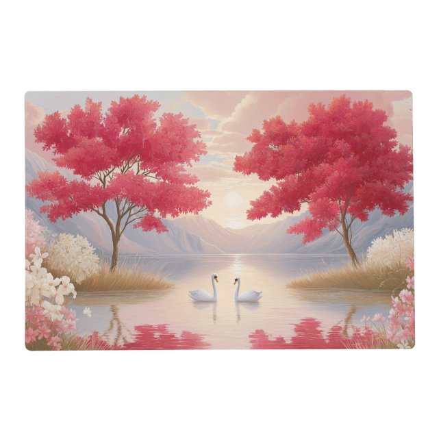 Romantic Swan Lake Pink Blossom Trees Elegant Placemat (Front)