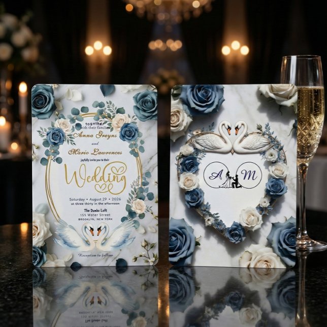 Romantic Swan Lake Watercolor Blue Floral Wedding Invitation (Creator Uploaded)