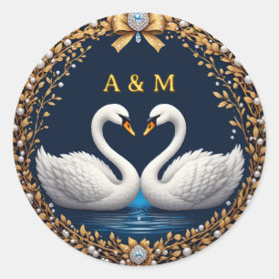 Romantic Swan Pair With Wedding Rings Display Classic Round Sticker