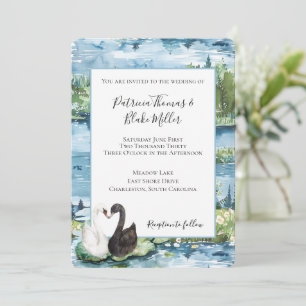 Romantic Swans Blue Lake Water Lilies Wedding Invitation