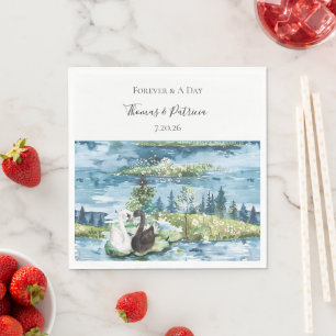 Romantic Swans Blue Lake Water Lilies Wedding Napkins