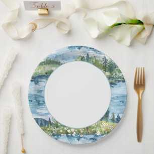 Romantic Swans Blue Lake Water Lilies Wedding Paper Plates