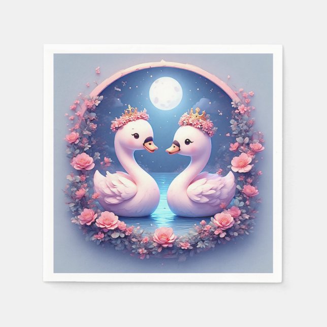 Romantic Swans Decorated in Flowers Napkins (Front)