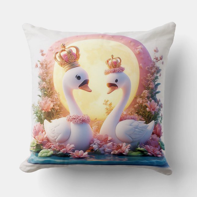 Romantic Swans Decorated in Flowers Throw Pillow (Front)