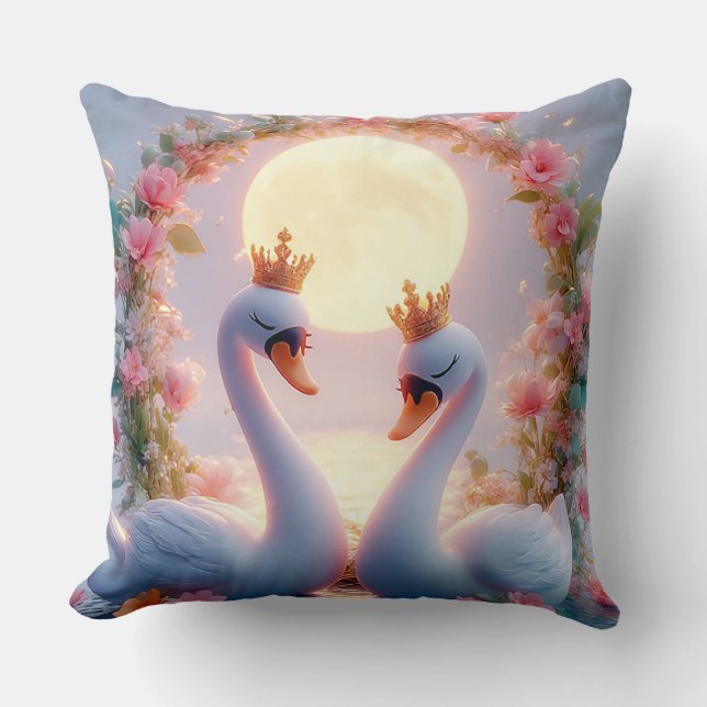 Romantic Swans Decorated in Flowers Throw Pillow (Front)