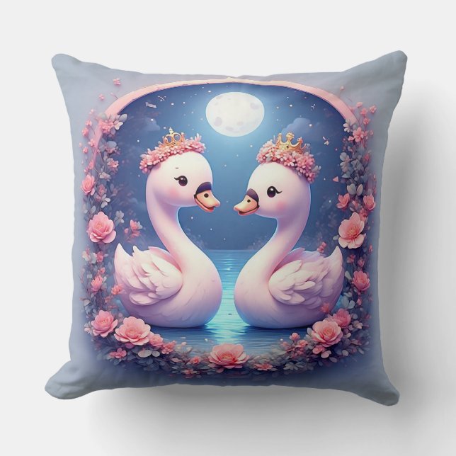 Romantic Swans Decorated in Flowers Throw Pillow (Front)