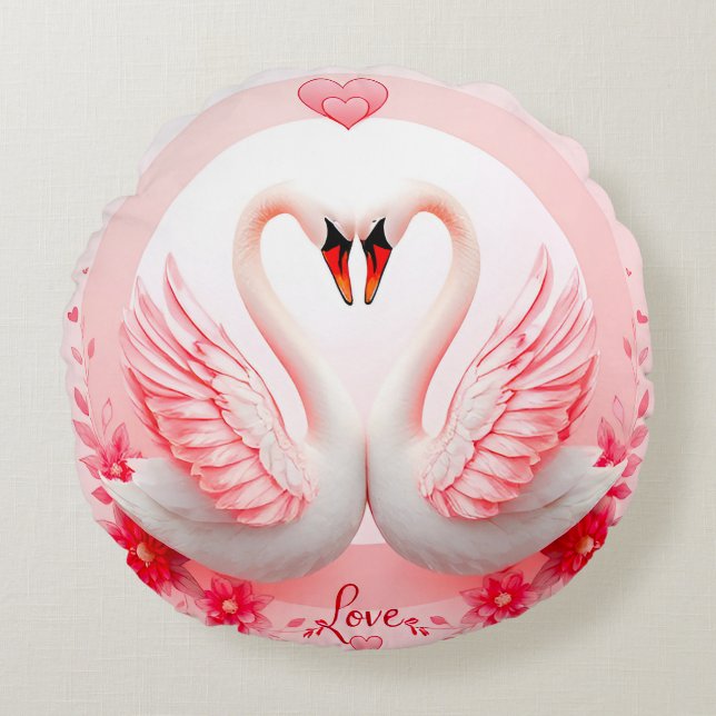 Romantic Swans Floral Wedding Gift Round Pillow (Front)