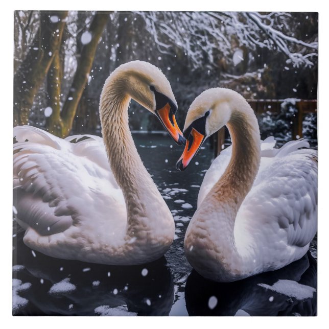 Romantic Swans in a Winter Wonderland Ceramic Tile (Front)