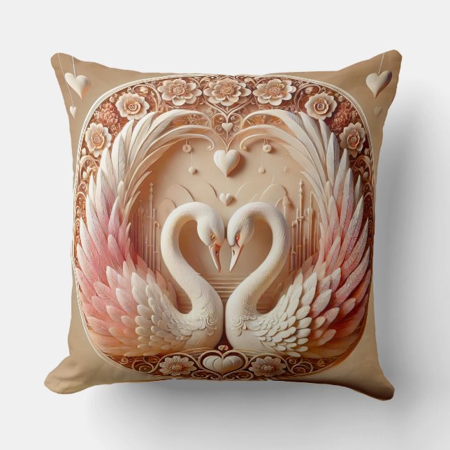 Romantic Swans in Heart-Shaped Composition Throw Pillow (Front)