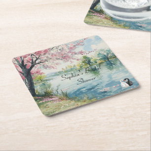 Romantic Swans Lake Bridal Shower Square Paper Coaster