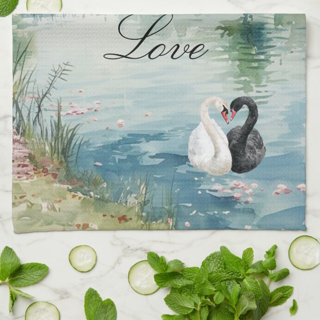 Romantic Swans Lake Love Kitchen Towel (Folded)