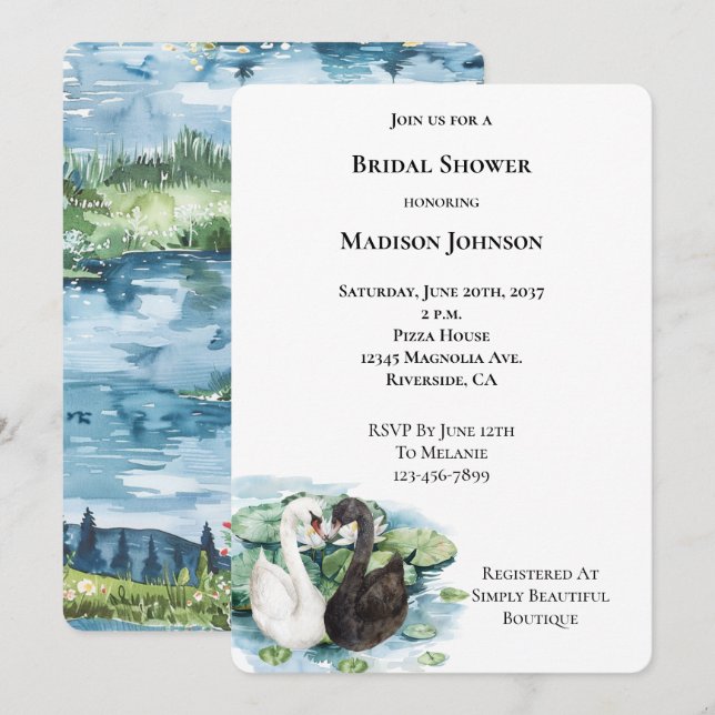 Romantic Swans Lake Water Lilies Bridal Shower Invitation (Front/Back)