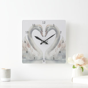 Romantic Swans Monogram Square Wall Clock