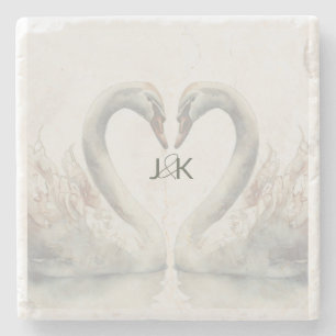Romantic Swans Monogram Stone Coaster