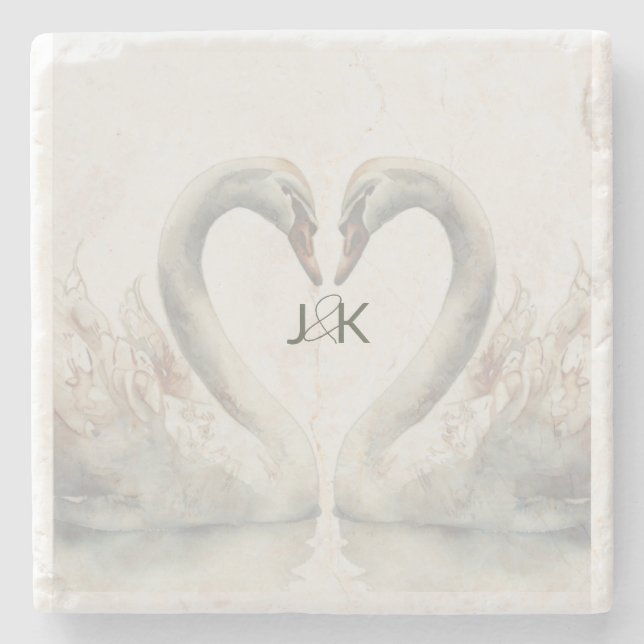 Romantic Swans Monogram Stone Coaster (Front)