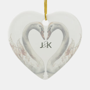 Romantic Swans Wedding Couple Monogram Ceramic Ornament